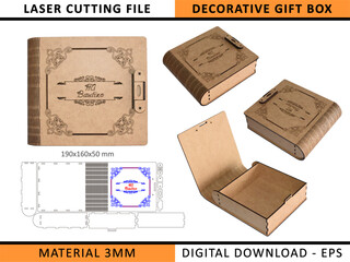 Laser Cut Gift Box Template. Decorative Wooden Box Vector EPS Design for CO2 Laser Cutting. Perfect for creating wooden boxes for gifts, jewelry, weddings, and special occasions. Laser cutting project