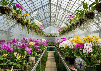 Stunning Greenhouse Interior with Colorful Orchid Blooms Phalaenopsis, Gardening, Botany, Floral Paradise.