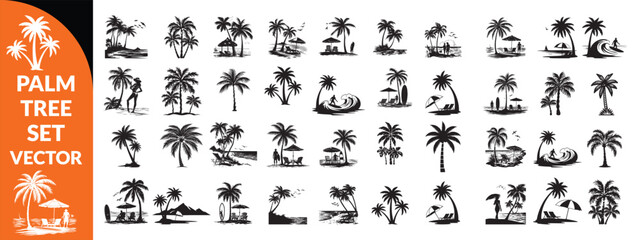 Black palm tree set vector illustration isolated on white background silhouette art black white stock illustration logo icon png. tropical, beach, landscape, pattern, paradise, coconut background  set