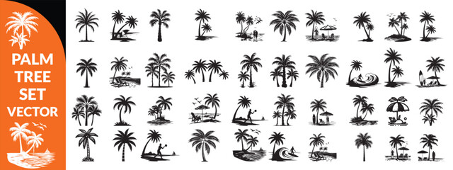 Black palm tree set vector illustration isolated on white background silhouette art black white stock illustration logo icon png. tropical, beach, landscape, pattern, paradise, coconut background  set