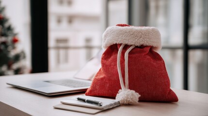 Christmas gift bag on a desk with a laptop and notepad