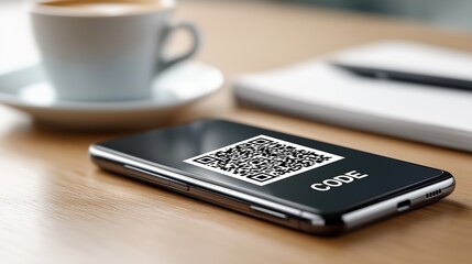 Modern smartphone displaying a QR code on a clean wooden desk beside coffee and notebook for digital access and contactless interaction, Generative AI