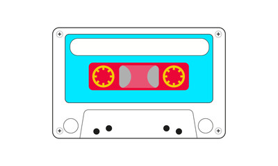 Illustration of an old cassette tape with space for text, in yellow, red, blue, and white. Vintage concept.