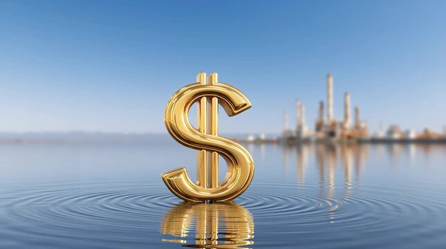 Golden Dollar Symbol Reflecting: A radiant gold dollar sign floats serenely on the tranquil water surface, mirroring its shimmering form against a clear blue sky, evoking thoughts of wealth and value.