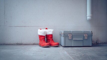 Red Christmas boots and a gray storage box against a concrete wall