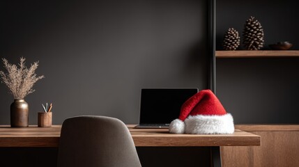 Christmas office scene with Santa hat on a wooden desk