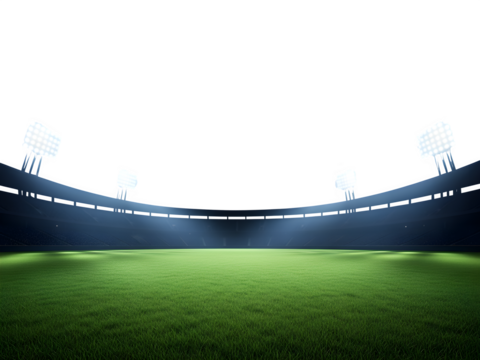 Empty soccer stadium with green grass field isolated on transparent background, ready for game