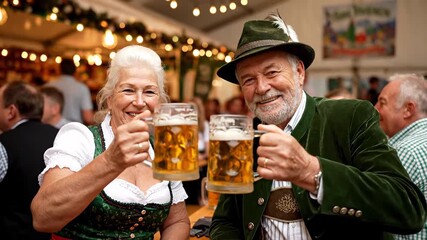 Elderly couple in traditional German attire, happily celebrating at a beer festival. Joyful seniors raising their beer glasses in a toast