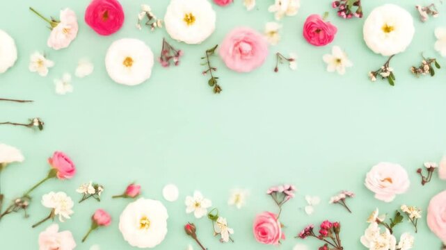 Soft pastel floral composition on a muted mint background. Arranged flowers and leaves