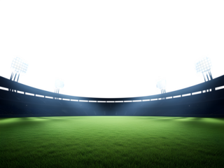 Brightly lit stadium with green grass field and empty seats isolated on transparent background