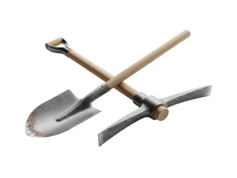 Shovel and pickaxe crossed isolated on transparent background, essential tools for digging and mining