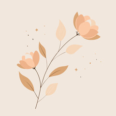 Delicate peach flowers and leaves on a soft beige background with subtle sparkles