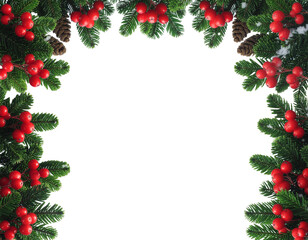 Christmas fir branches with red berries and pine cones forming a festive border