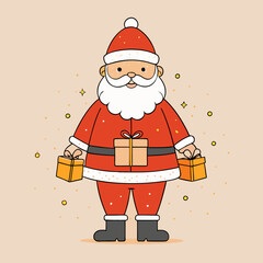 Joyful santa claus holding gifts surrounded by festive sparkles and dots