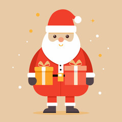 Cheerful santa claus character holding two wrapped presents with festive snowflakes