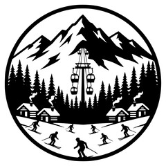 ski resort mountain landscape.skiing in the mountains .circle logo .black and white winter sports emblem.