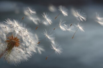 Delicate dandelion seeds dispersed against a blurred pastel backdrop, highlighting the gentle beauty and fragility of nature's elements in soft focus. Perfect for serene botanical themes