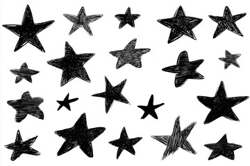 Unique black and white star patterns showcasing various shapes and sizes against a white background for seamless decor and design applications. Perfect for artistic and modern themes