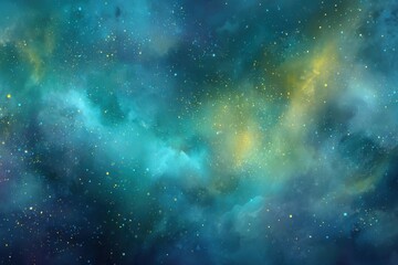 Stunning cosmic abstraction with shades of blue and green, evoking depth and infinity, scattered stars and light bursts in yellow and white, creating a mystical starry sky atmosphere
