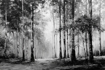 Serene black-and-white forest landscape featuring tall trees, creating depth with soft light, textured foliage, and a tranquil atmosphere perfect for nature-inspired themes