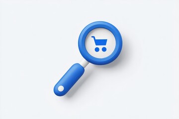 Magnifying glass design in blue featuring shopping basket icon, minimal light background emphasizing brightness and simplicity for e-commerce and retail themes