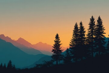 Majestic mountain landscape at sunset with silhouetted conifer trees and vibrant sky hues, evoking tranquility and the grandeur of nature's beauty in serene outdoor settings