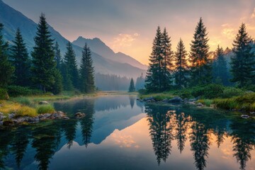 Tranquil lakeside landscape with reflective waters, towering pine trees, misty mountain peaks, and pastel sky hues at dawn or dusk, evoking serene connections with nature's beauty