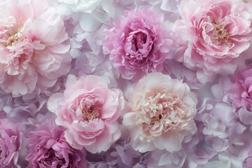 Soft floral arrangement featuring peony blossoms in shades of pink and white, creating a harmonious and delicate composition with rich textures and a fresh romantic vibe