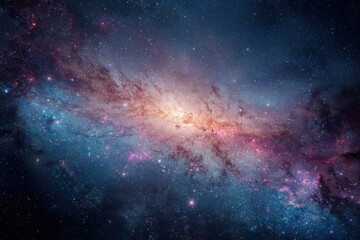 Vibrant cosmic space filled with bright stars and galaxies, featuring luminous clouds of warm tones, evoking depth and movement against a dark, endless backdrop of twinkling celestial wonders