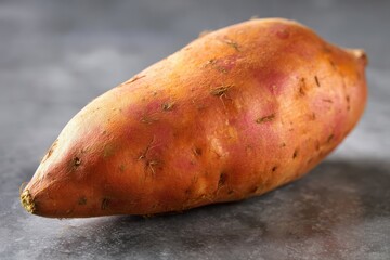 Sweet potato close-up on grey background showcasing smooth, light-brown skin with subtle speckles and fine hair, perfect for food blogs and culinary projects in health and nutrition