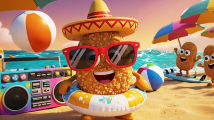 Animated food character on tropical beach with summer accessories - Powered by Adobe