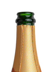 Open Champagne Bottle Neck With Gold Foil Wrap and Green Glass Top isolated on a white background