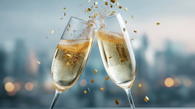 Two champagne glasses clinking in front of a glowing city backdrop creating a festive elegant and joyful celebration moment for special occasions, Generative AI