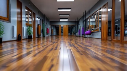 Contemporary gymnasium interior featuring polished wooden floor and workout equipment