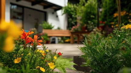 Blossoming backyard sanctuary: A vibrant garden scene with a tranquil bench