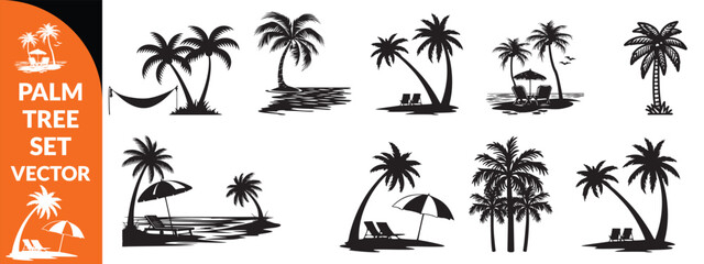 Fototapeta premium Black palm tree set vector illustration isolated on white background silhouette art black white stock illustration logo icon png. tropical, beach, landscape, pattern, paradise, coconut background set