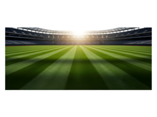 Empty soccer stadium with green grass and bright sunlight shining isolated on white isolated on transparent background