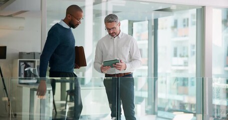 Business men, tablet and shaking hands in office with finance report, budget review and statement. Accountant, meeting and handshake with tech for financial audit and company performance evaluation