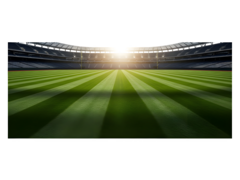 Empty soccer stadium with green grass and bright sunlight shining isolated on white isolated on transparent background