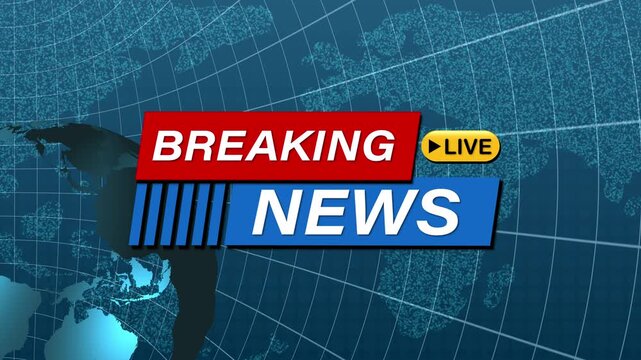 Dynamic animation for breaking news featuring a rotating globe, digital grid overlay, bold text, and vibrant visuals for media and broadcast use.