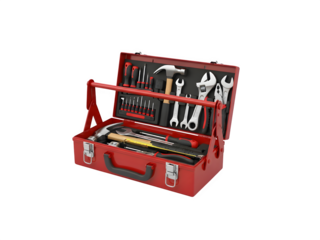 Open red toolbox filled with various hand tools isolated on transparent background, handy equipment