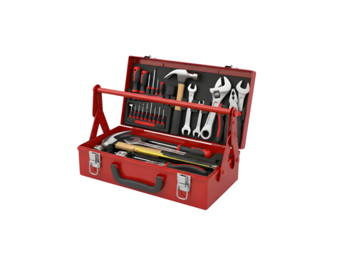 Open red toolbox filled with various hand tools isolated on transparent background, handy equipment