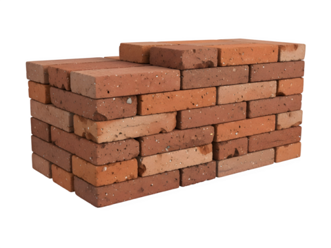 Stack of red clay bricks isolated on transparent background for construction and building material