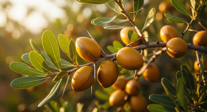 close-up of argan fruits on branches, sharp detail, warm sunlight, clean botanical style