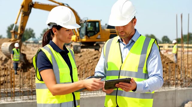 On a construction site, a man and a woman construction worker can be seen conversing while using a tablet device, both donning hard hats and safety vests