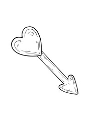 Vector illustration of Cupid's arrow. Hand-drawn illustration for Valentine's Day. Vector graphics, ink, line art, doodle style. Arrow with a heart, cute arrow of love, Cupid.