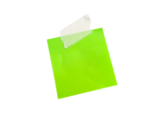 green sticky note with tape, ready for message or reminder, isolated on white background for office memo