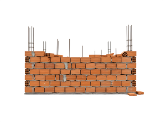 Red brick wall under construction isolated on transparent background, showcasing the building process