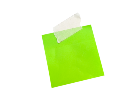 green sticky note with tape, ready for message or reminder, isolated on white background for office memo