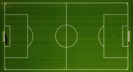 Obraz premium Expansive aerial view of a vibrant green sports field featuring precise white painted boundary lines and prominent yellow goalposts ready for a match, preparation, vibrant, championship